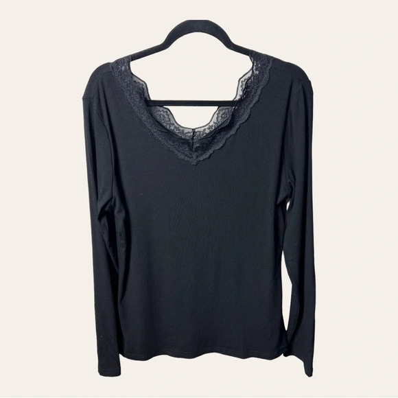 1273. LONG SLEEVE TOP RIBBED WITH LACE ON NECKLINE SIZE X-LARGE BLACK - Picture 6 of 12